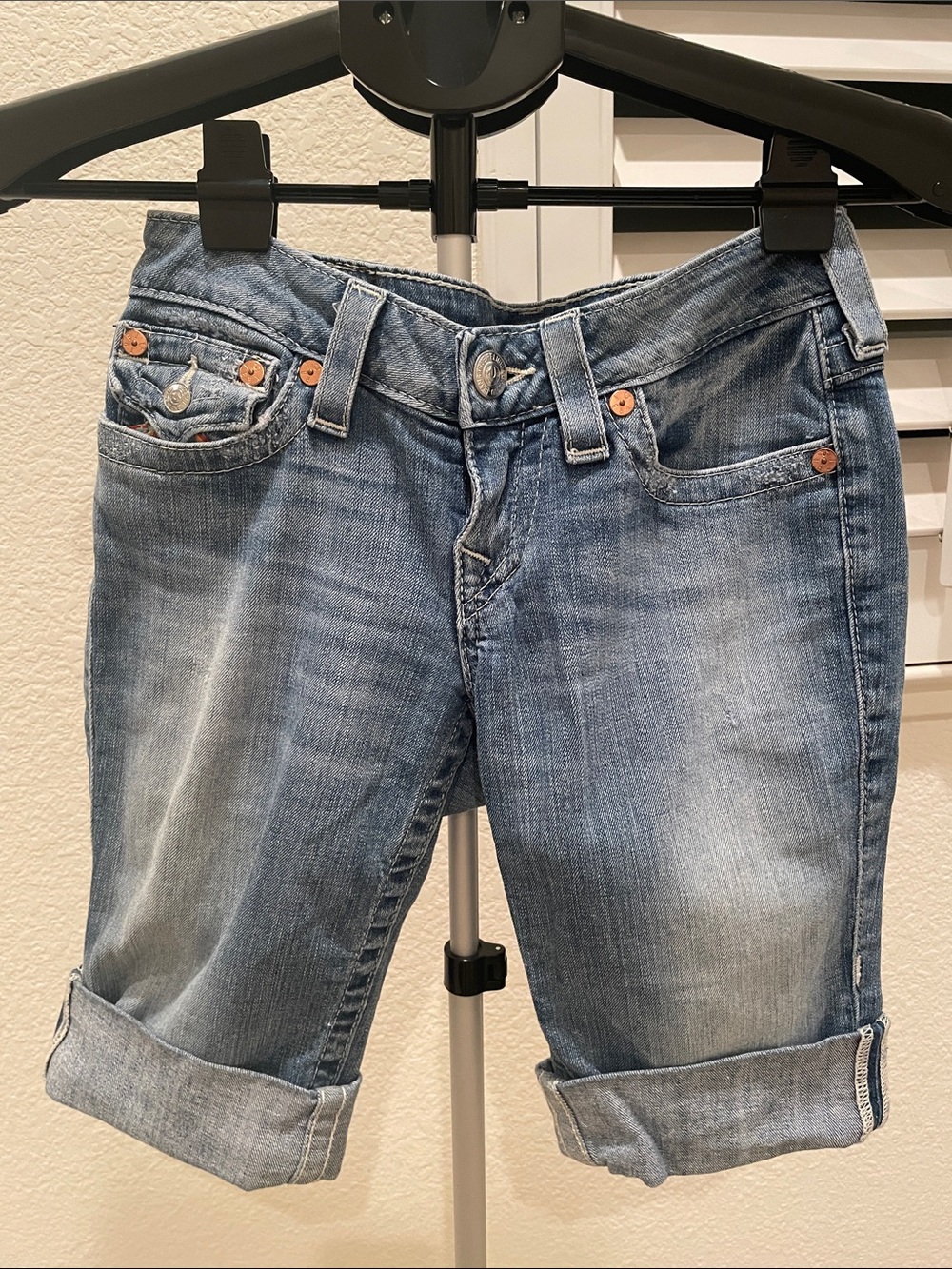 True Religion Light Blue Rolled-Cuff Denim Shorts